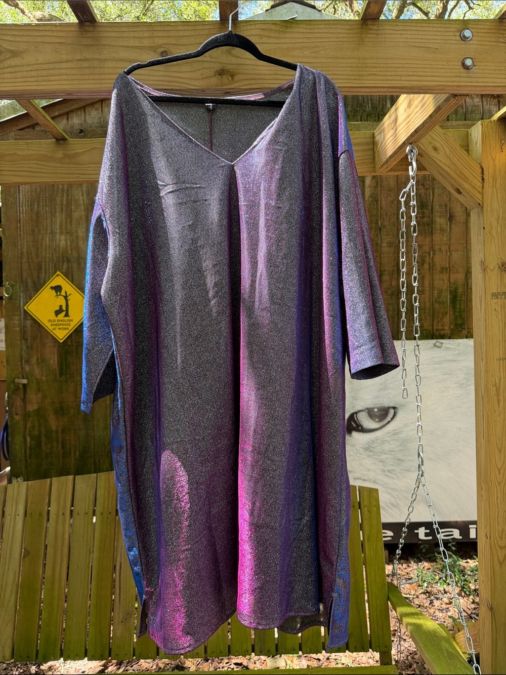 Shimmery Metallic V-Neck Women's Dress in Iridescent Purple-Blue plus 4x